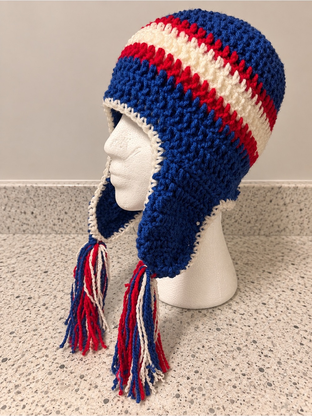NY Giants inspired - Blue Red White Knit Earflap Hat